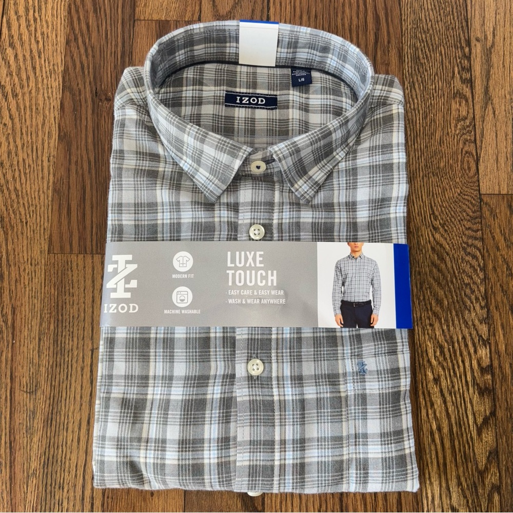 IZOD Men's Luxe Touch Plaid Shirt Modern Fit Size L
